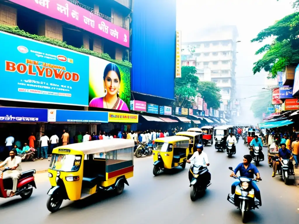 Vibrante calle de Mumbai con diversidad cultural representada en el cine indio