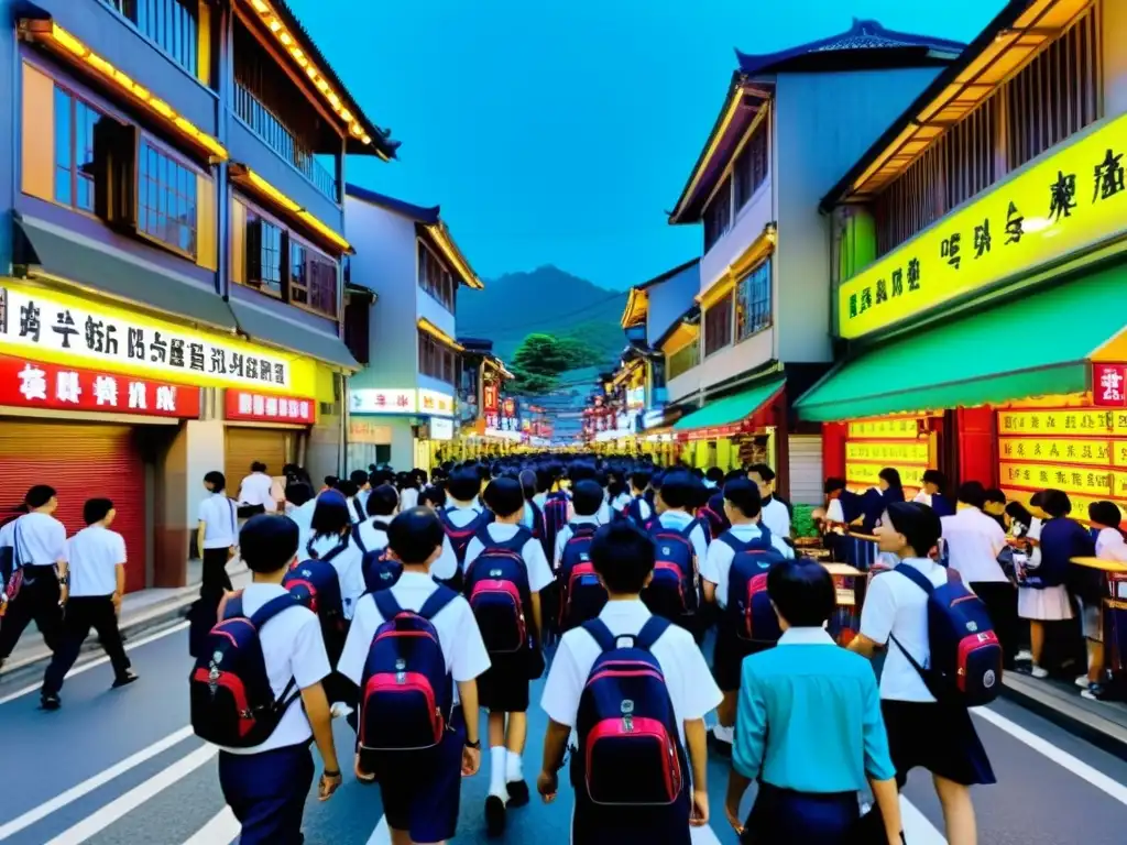 Vibrante calle de Taiwán con escuelas nocturnas iluminadas y estudiantes en uniforme, reflejando la intensa atmósfera de las cram schools en Taiwán