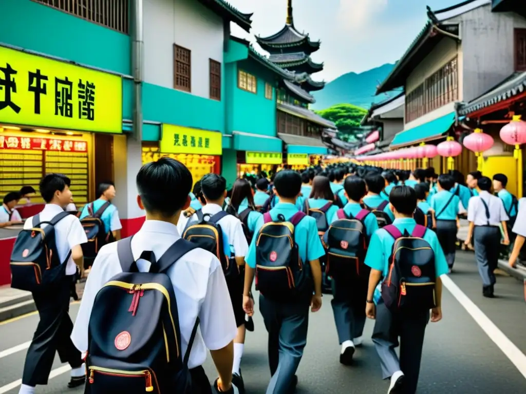 Vibrante calle de Taiwán con estudiantes y anuncios de escuelas de apoyo, reflejando la cultura de las cram schools en Taiwán