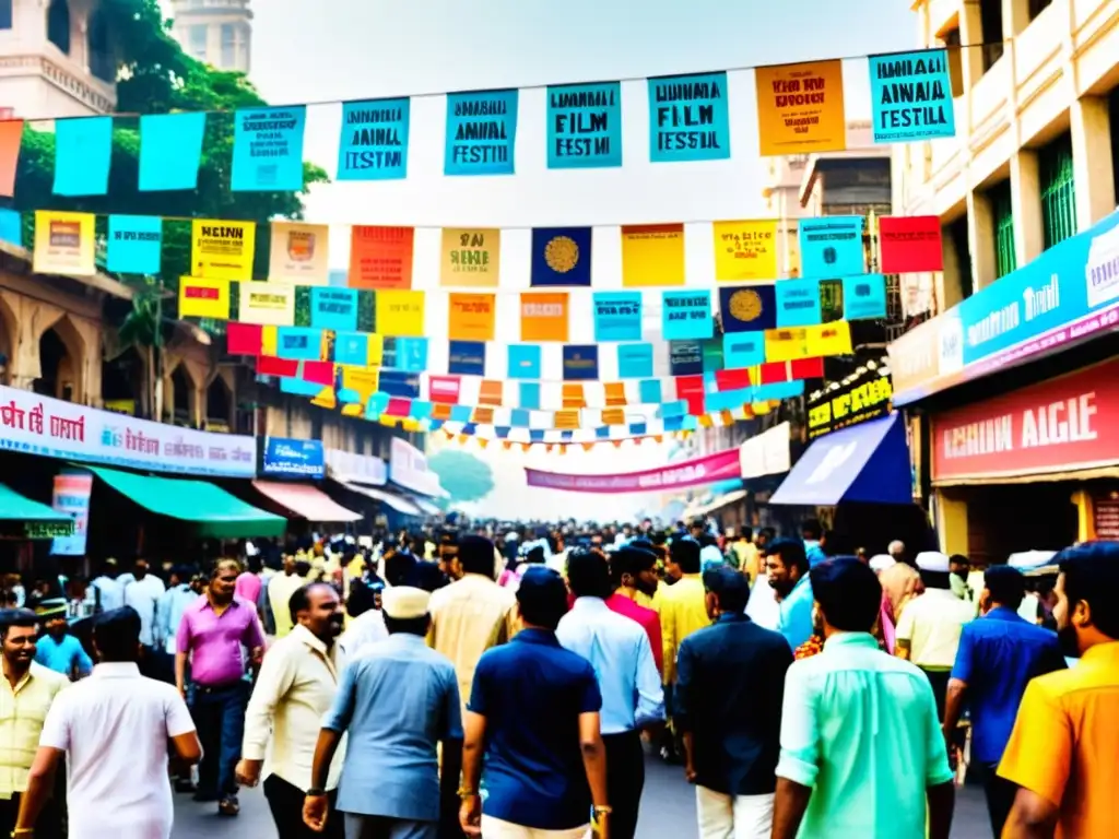 Vibrante calle de Mumbai con Festival de Cine en India: bulliciosa energía y emoción festiva al atardecer