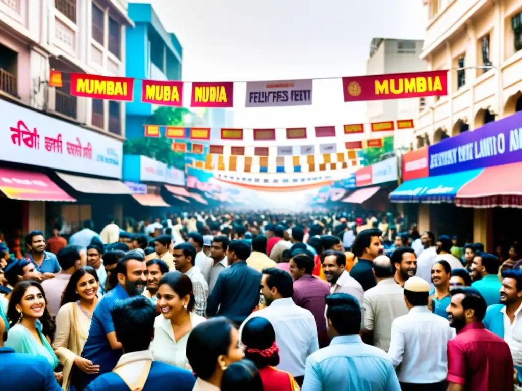 Vibrante calle de Mumbai durante un festival de cine, reflejando la emoción y energía de los Festivales de Cine en India