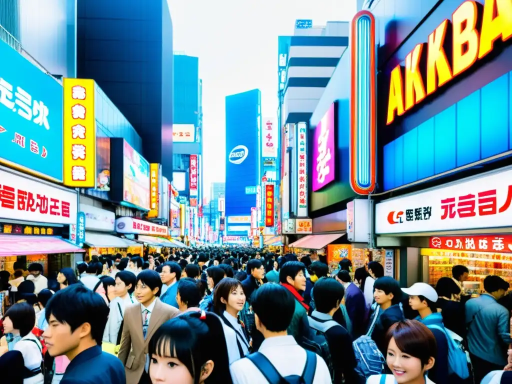 Vibrante calle de Akihabara en Tokio, Japón, muestra la evolución de géneros anime cultura asiática con letreros de neón y multitudes