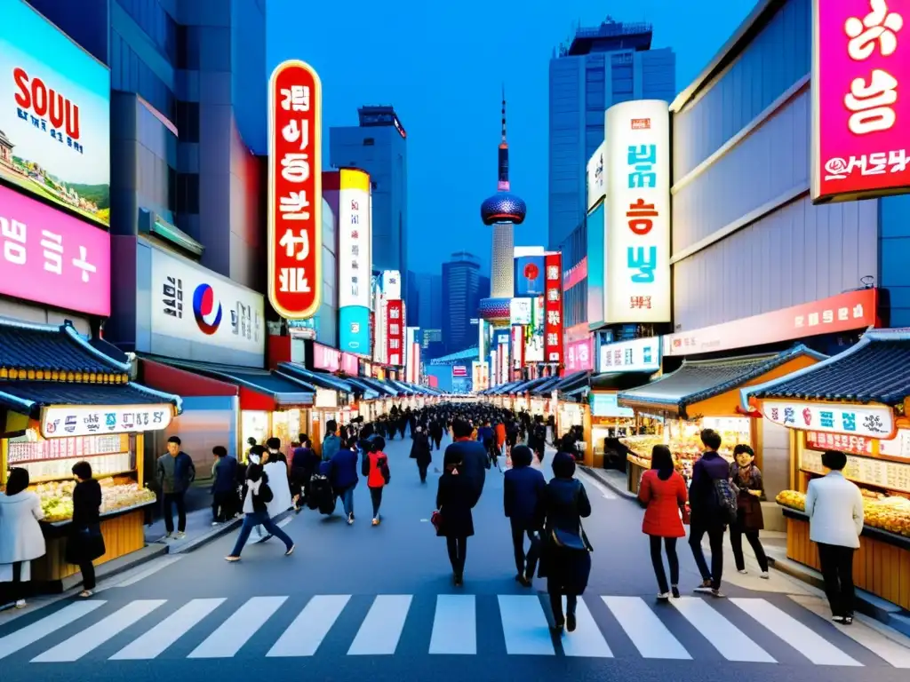 Calles de Seúl: Drama y Tradición Vibrante calle en Seúl con impacto turismo de series asiáticas, fusionando arquitectura tradicional y moderna, y exudando energía cultural