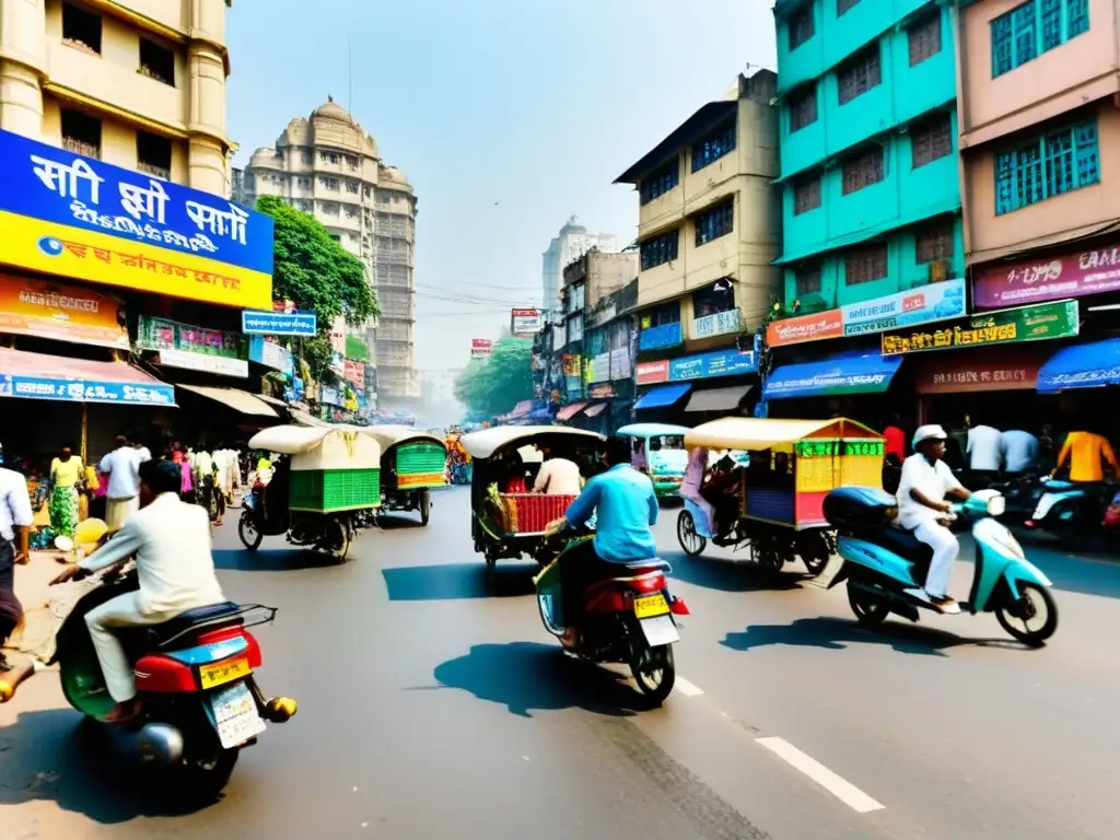 Vibrante calle de Mumbai, India, reflejando el cambio social en la literatura y cine de la India, con colores, rickshaws y bullicio