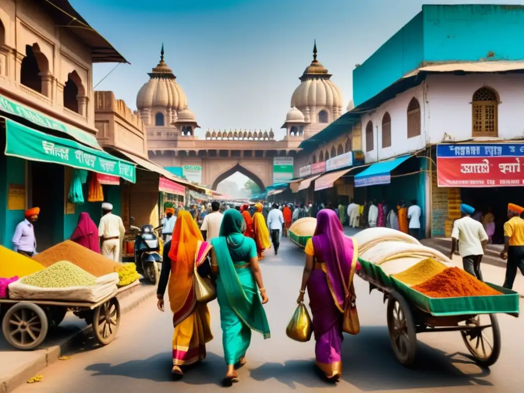 Vibrante calle de la India con saris coloridos, vendedores de especias y moderna arquitectura