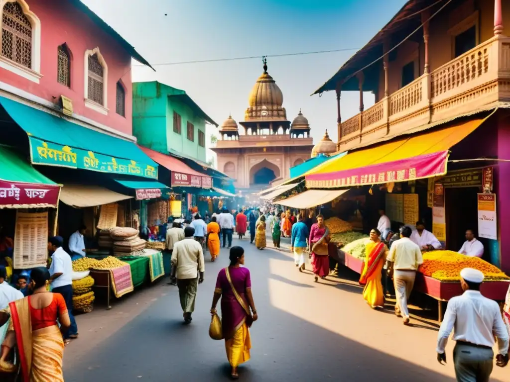 Vibrante calle de La India contemporánea, llena de actividad, coloridos atuendos y bulliciosos puestos de mercado, iluminada por el cálido sol