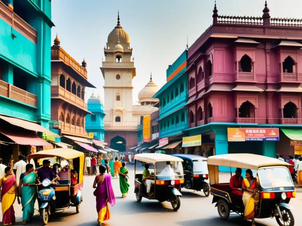 Vibrante calle de la India contemporánea con colores, rickshaws, mercados y templos al atardecer