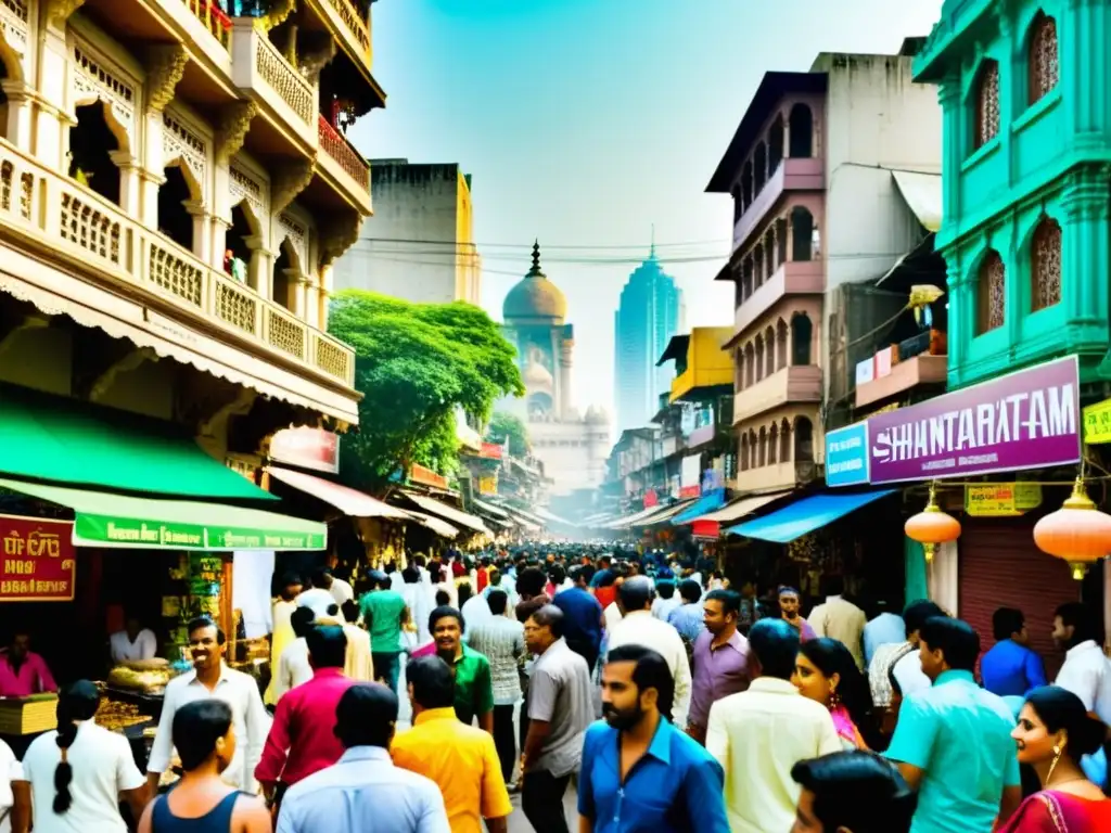 Vibrante calle de Mumbai, India, reflejando la influencia global de la literatura asiática con colores, gente diversa y bulliciosos puestos de mercado