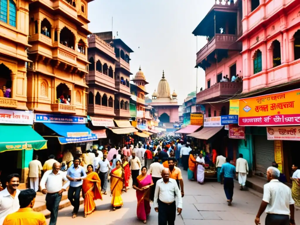 Vibrante calle en Varanasi, India, reflejando la influencia del Hinduismo en Asia con coloridos edificios y actividad diaria