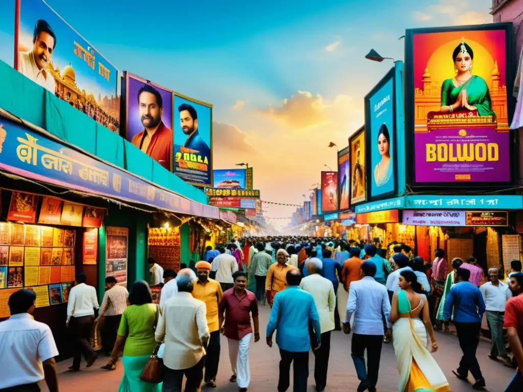 Vibrante calle en India con pósters de Bollywood, reflejando la rica diversidad y energía de la cultura cinematográfica india