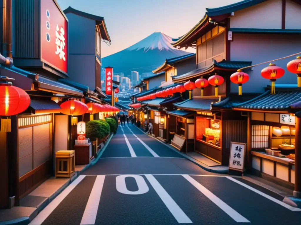 Vibrante calle japonesa al atardecer con un restaurante de ramen tradicional y letrero rojo