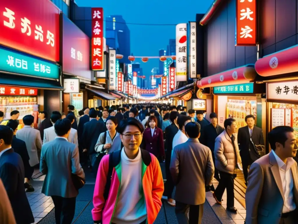 Vibrante calle en Tokyo, Japón con letreros de neón, multitudes y arquitectura tradicional