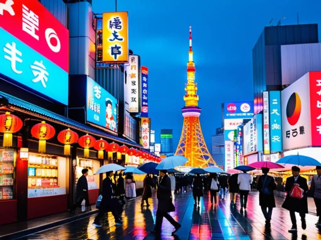 Vibrante calle de Tokyo con letreros de neón y la icónica Torre de Tokyo, reflejando el equilibrio del cine asiático actual