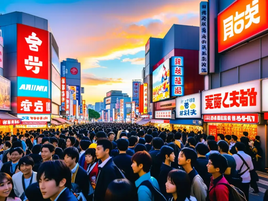 Vibrante calle de Akihabara, Tokio, llena de carteles de anime, tiendas de manga, multitudes de cosplayers y un impresionante atardecer