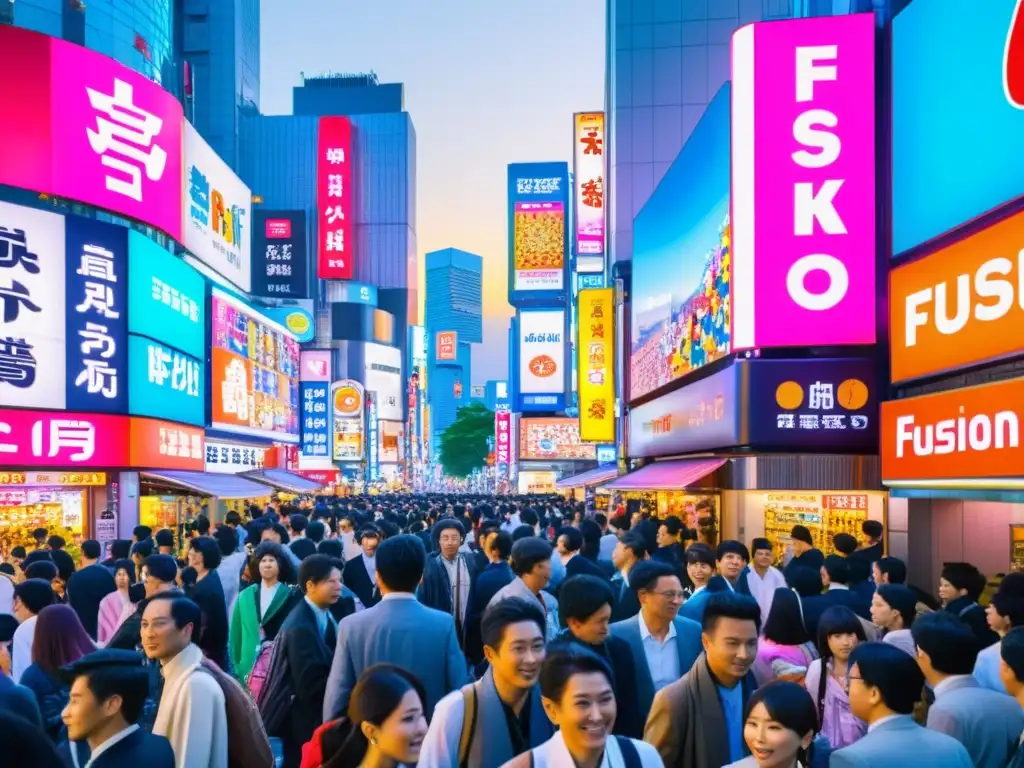 Vibrante calle de Tokio, llena de carteles luminosos y moda de la cultura pop asiática