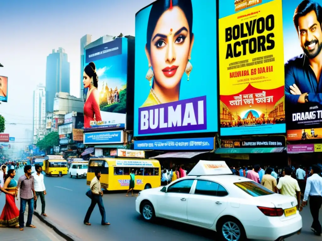 Vibrante calle de Mumbai llena de carteles de películas, reflejando el bullicio del cine de la India en la Era Digital