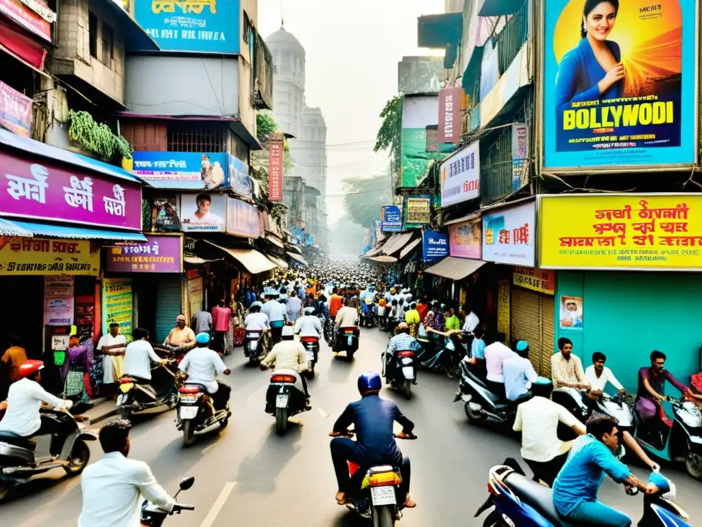 Vibrante calle de Mumbai, India, llena de coloridos carteles de cine