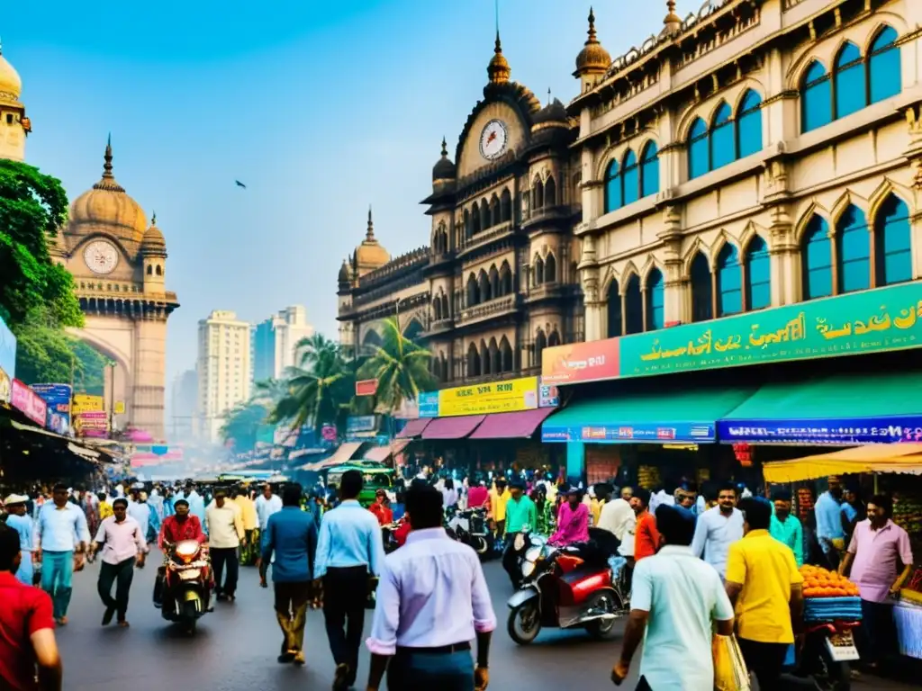 Vibrante calle de Mumbai, llena de coloridos negocios y gente diversa