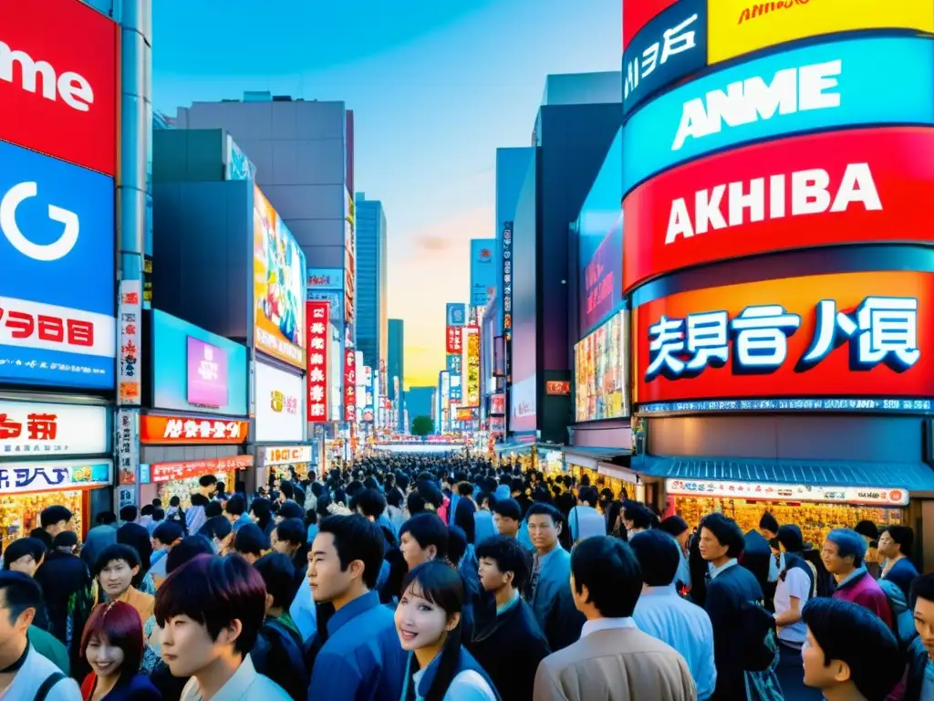 'Vibrante calle de Akihabara en Tokio, llena de coloridos anuncios de anime y entusiastas del anime explorando tiendas