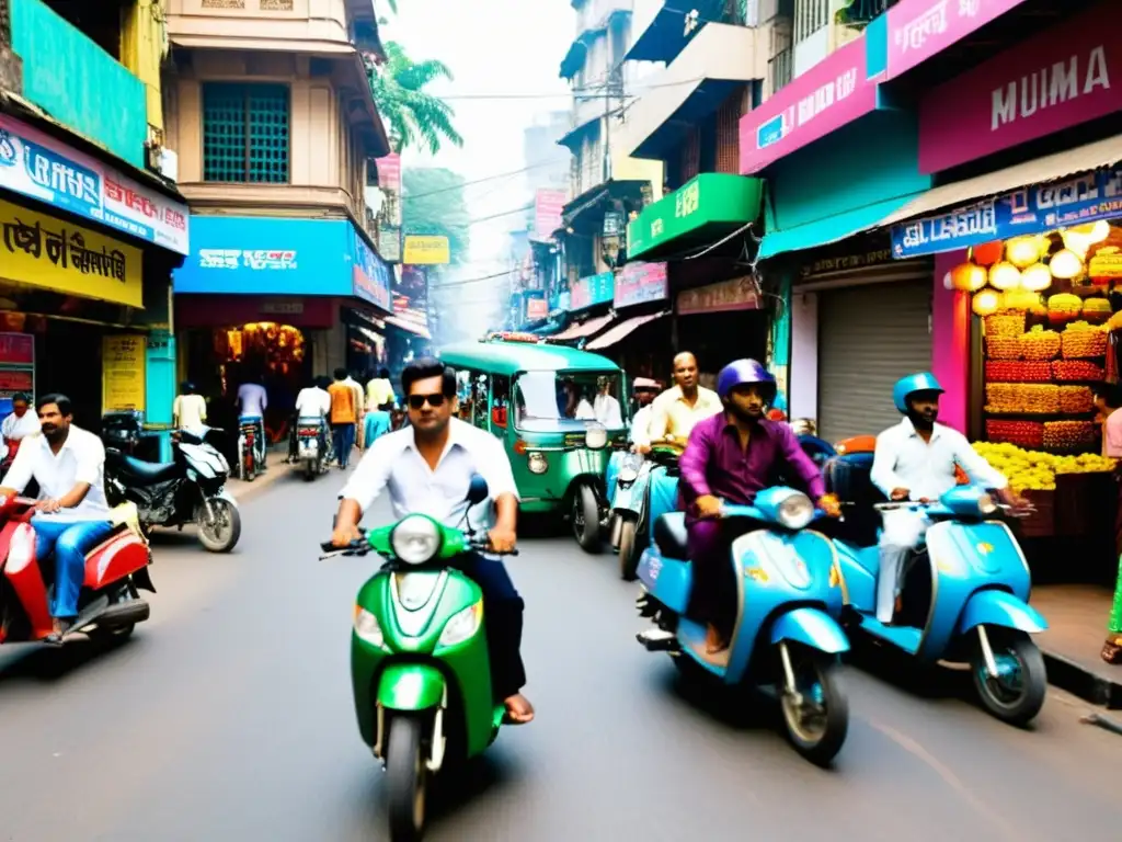 Vibrante calle de Mumbai, llena de coloridos comercios y gente