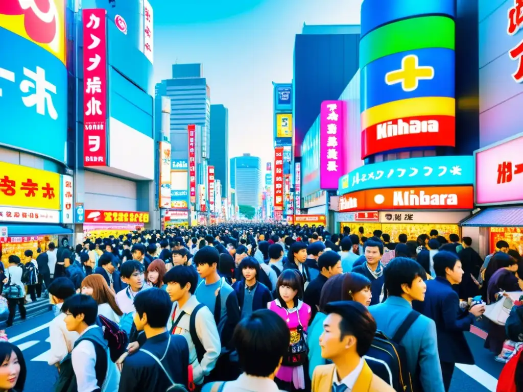 Vibrante calle de Akihabara en Tokio, llena de coloridos anuncios y gente vestida con cosplay, reflejando la energía de la cultura pop japonesa en Tokio