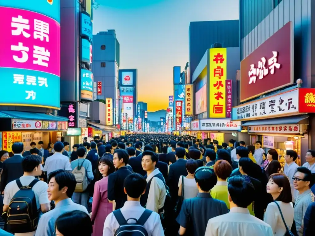 Vibrante calle de Tokio llena de luces de neón y cines independientes, reflejando la democratización del acceso al cine asiático