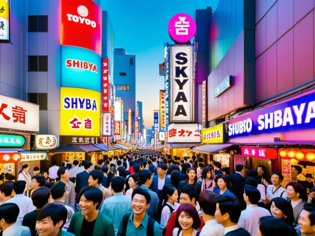 Vibrante calle de Shibuya, Tokyo, llena de vida y color, con los mejores exponentes de comedia asiática contemporánea