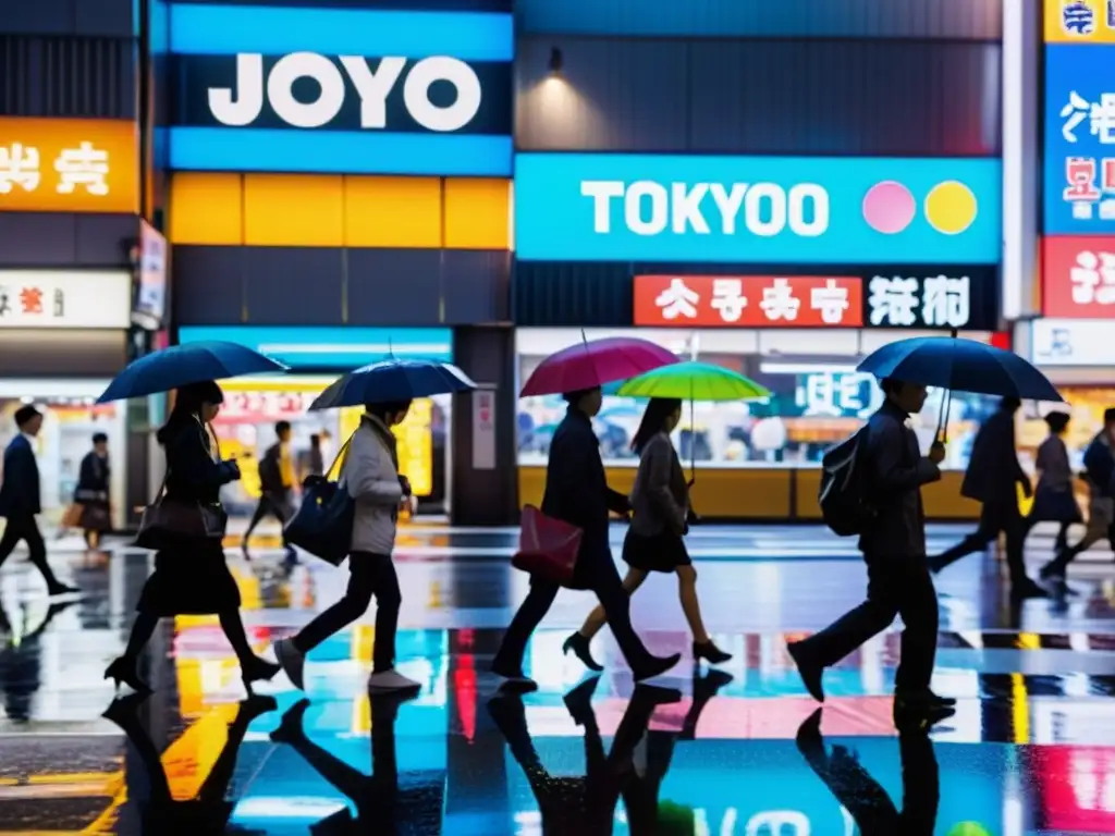 Vibrante calle de Tokio en una lluviosa noche, reflejos de neón en el pavimento mojado, gente con paraguas y rastro de vehículos