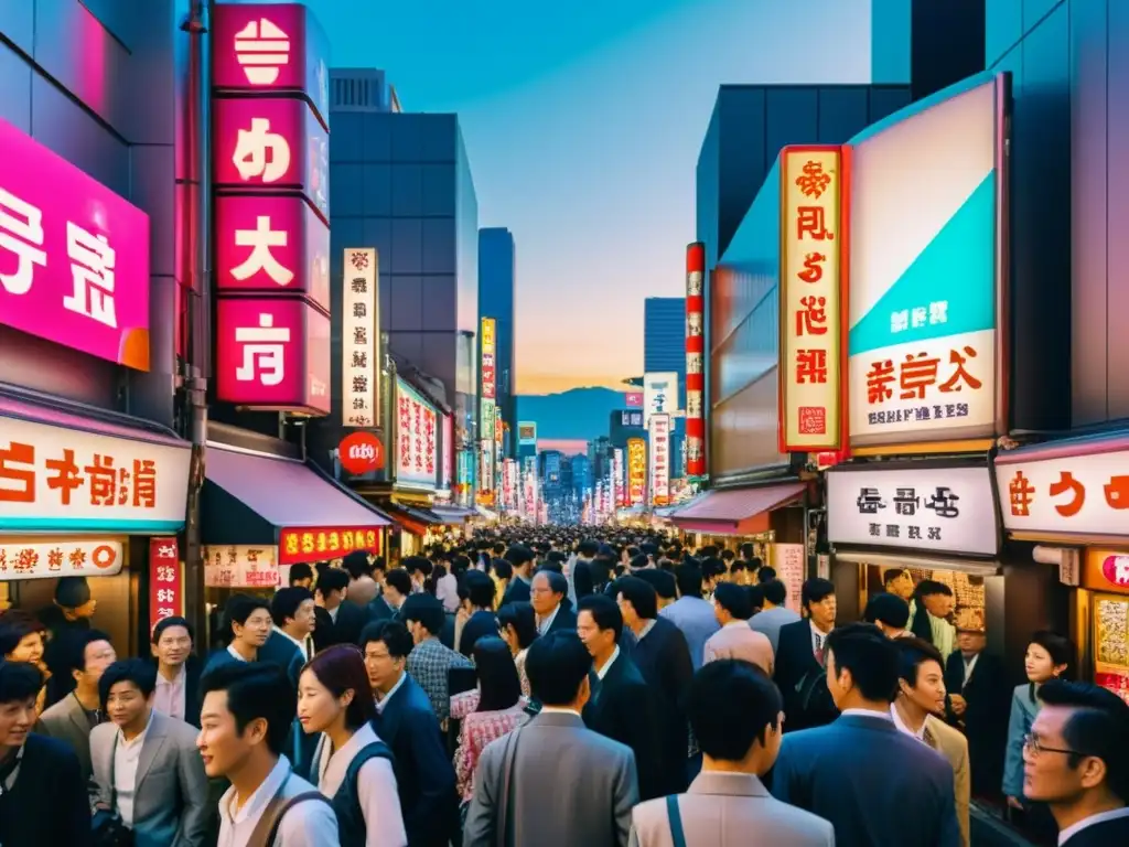 Vibrante calle de Tokio con luces de neón, multitudes y arquitectura moderna y tradicional, reflejando la identidad cultural y la energía del cine asiático