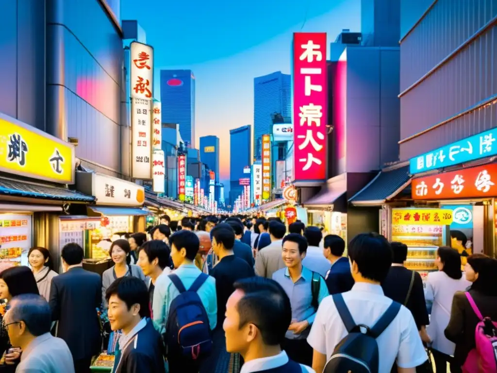 Vibrante calle de Tokio con luces de neón, gente y puestos de comida