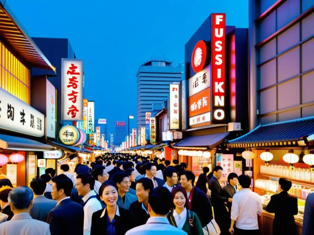 Vibrante calle de Tokio con luces de neón y multitud, reflejando la energía de las inversiones en empresas asiáticas con perspectiva global