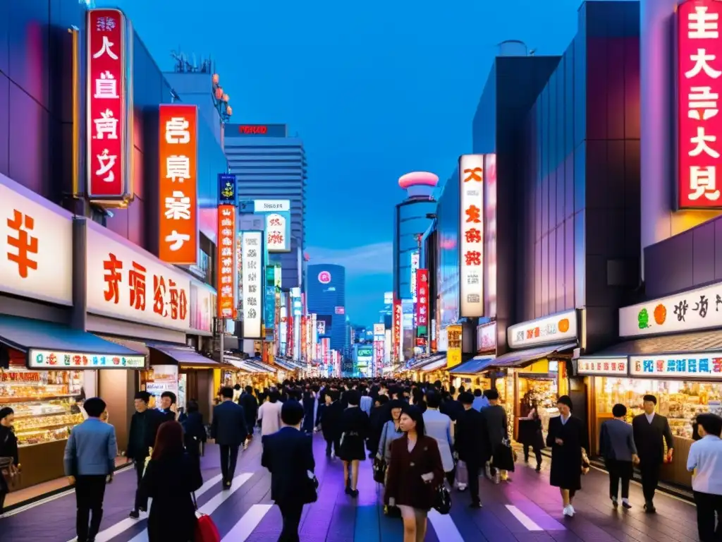 Vibrante calle de Tokio, Japón, con luces de neón, multitud de personas y tiendas