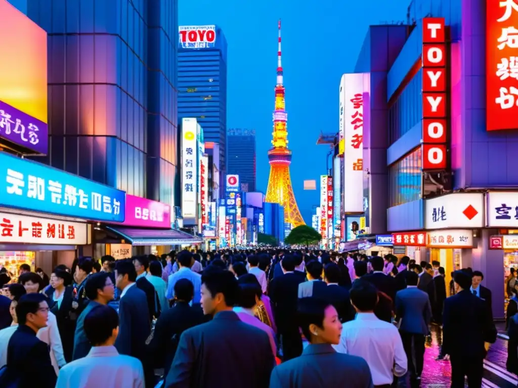 Vibrante calle de Tokio al anochecer, con luces de neón y multitudes, reflejando la belleza visual del cine asiático contemporáneo