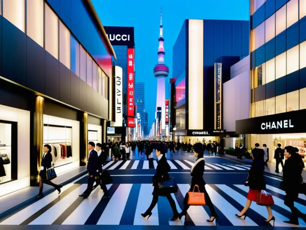 Vibrante calle de Ginza, Tokio, con moda de lujo y arquitectura tradicional y moderna, reflejando la escena de moda en países asiáticos emergentes