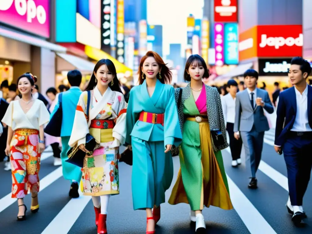 Vibrante calle de Tokio con moda JPop y tradicional, reflejando el lenguaje de la moda JPop en la sociedad japonesa