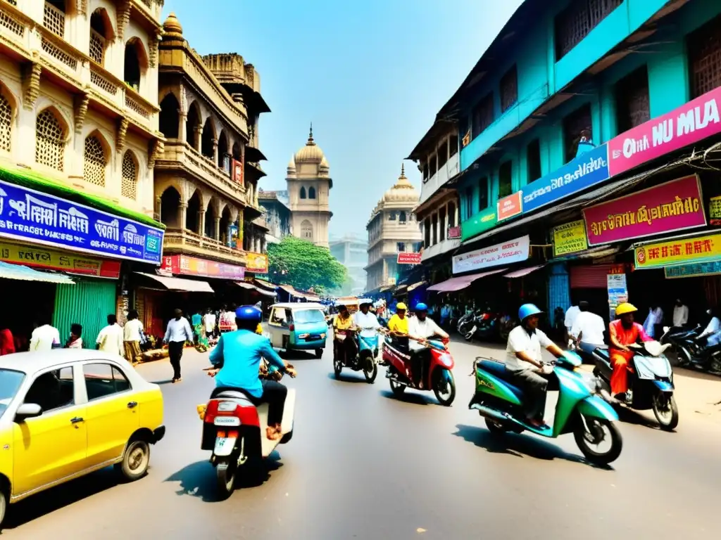 Vibrante calle de Mumbai, India, con rickshaws, motocicletas y peatones