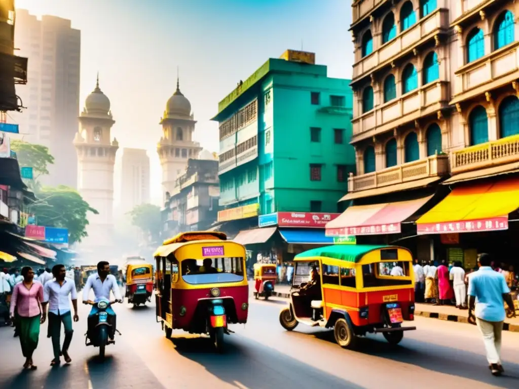 Escena vibrante de Mumbai: tradición y modernidad Vibrante calle de Mumbai, India, con rickshaws, multitud y rica cultura, reflejando el cine indio premios internacionales
