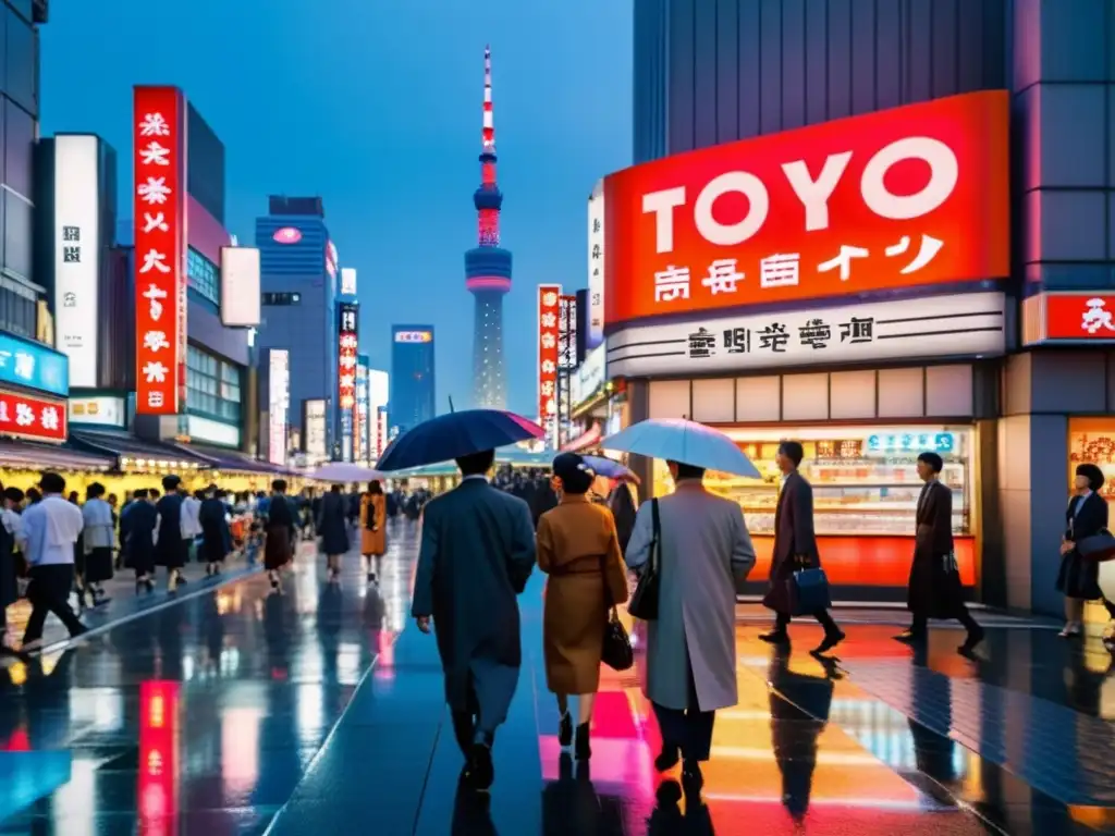 Vibrante calle de Tokio al anochecer, con neones brillantes reflejados en el pavimento mojado