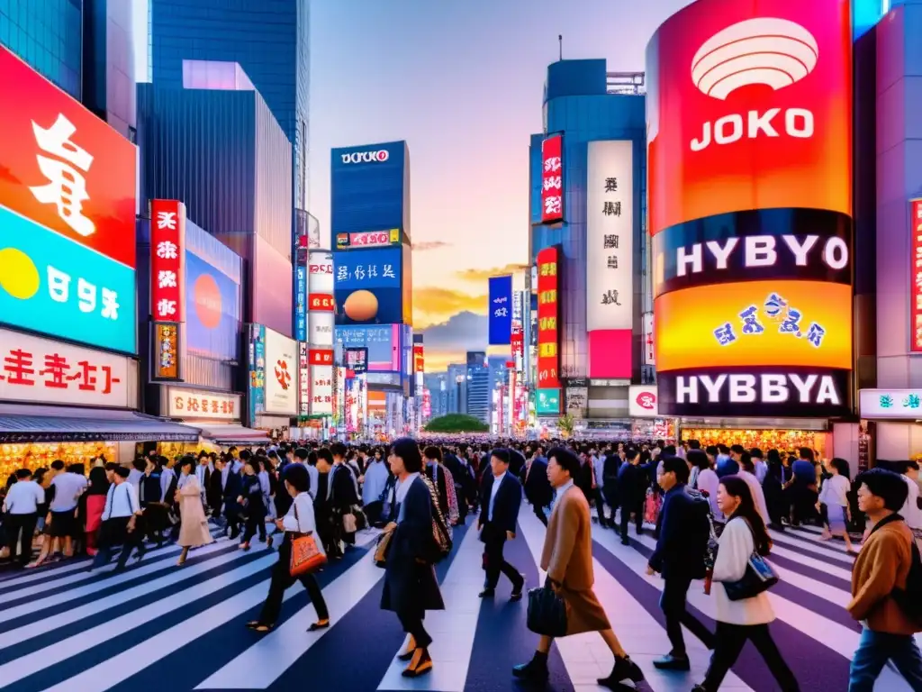 Vibrante calle de Shibuya, Tokyo, con neones, gente, faroles tradicionales y rascacielos modernos bajo un cielo al atardecer