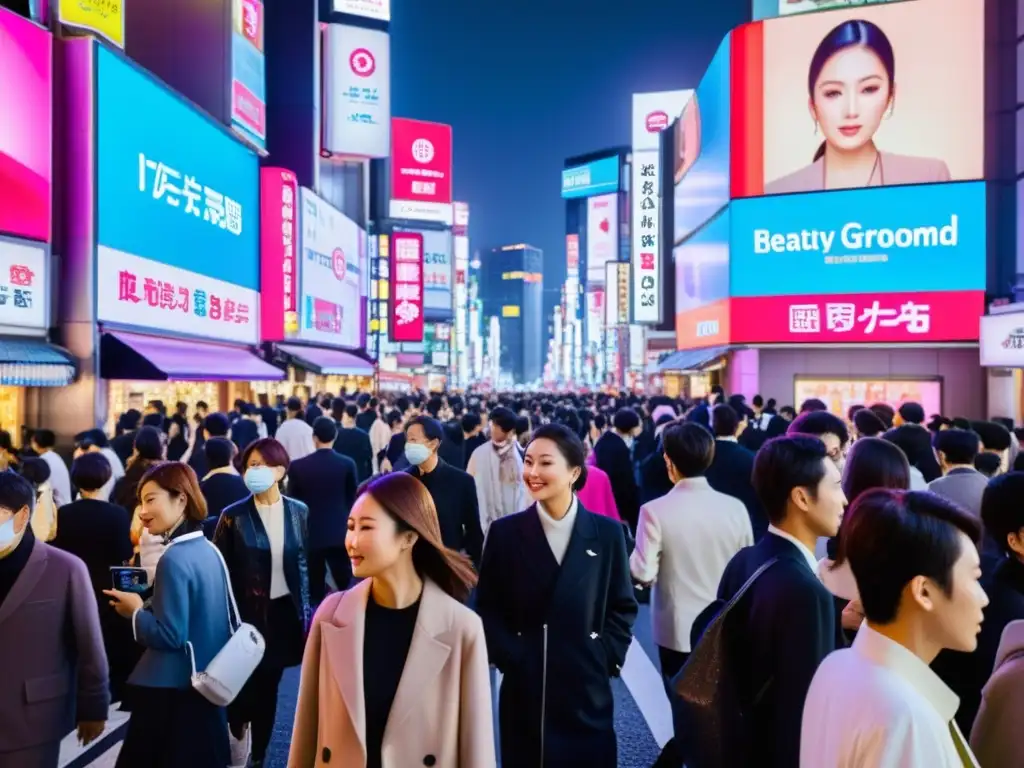 Vibrante calle de Tokio de noche con letreros de neón y alta tecnología, reflejando el impacto de la tecnología en la belleza asiática