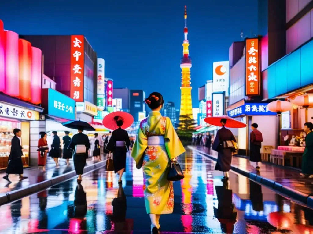 Vibrante calle de Tokio de noche, con luces de neón y personas vestidas con kimonos y moda moderna, reflejando el realismo mágico del cine asiático