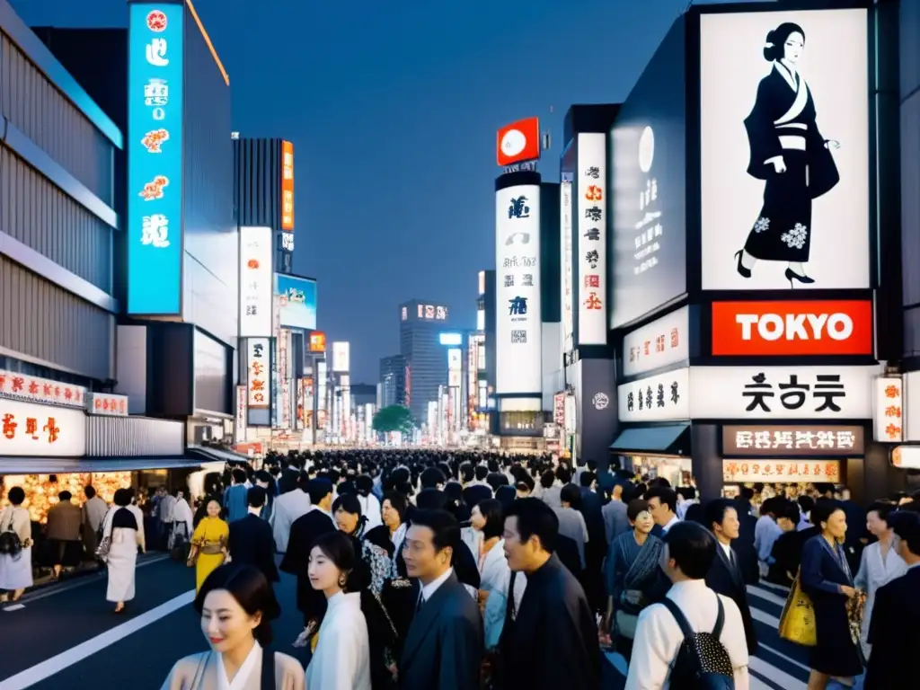 Vibrante calle nocturna de Tokio, con gente vestida de kimonos y ropa occidental, rodeada de altos edificios y letreros de neón