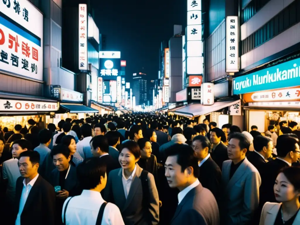 Vibrante calle nocturna de Tokio con impacto de Murakami en narrativa