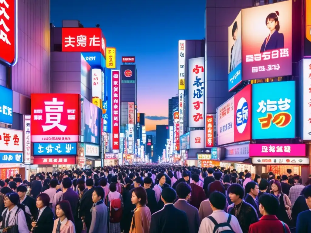 Vibrante calle nocturna de Tokio con letreros de neón y bullicio, reflejando la energía urbana de la ciudad