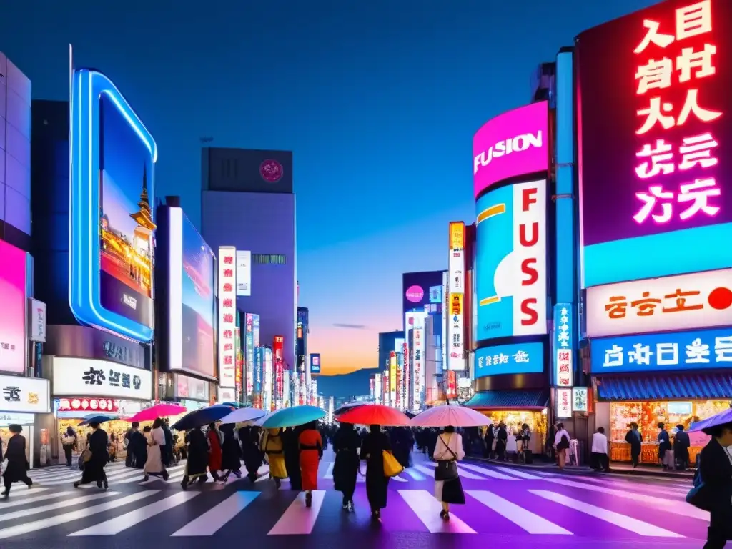 Vibrante calle nocturna de Tokio con letreros de neón y personas con kimonos y paraguas coloridos