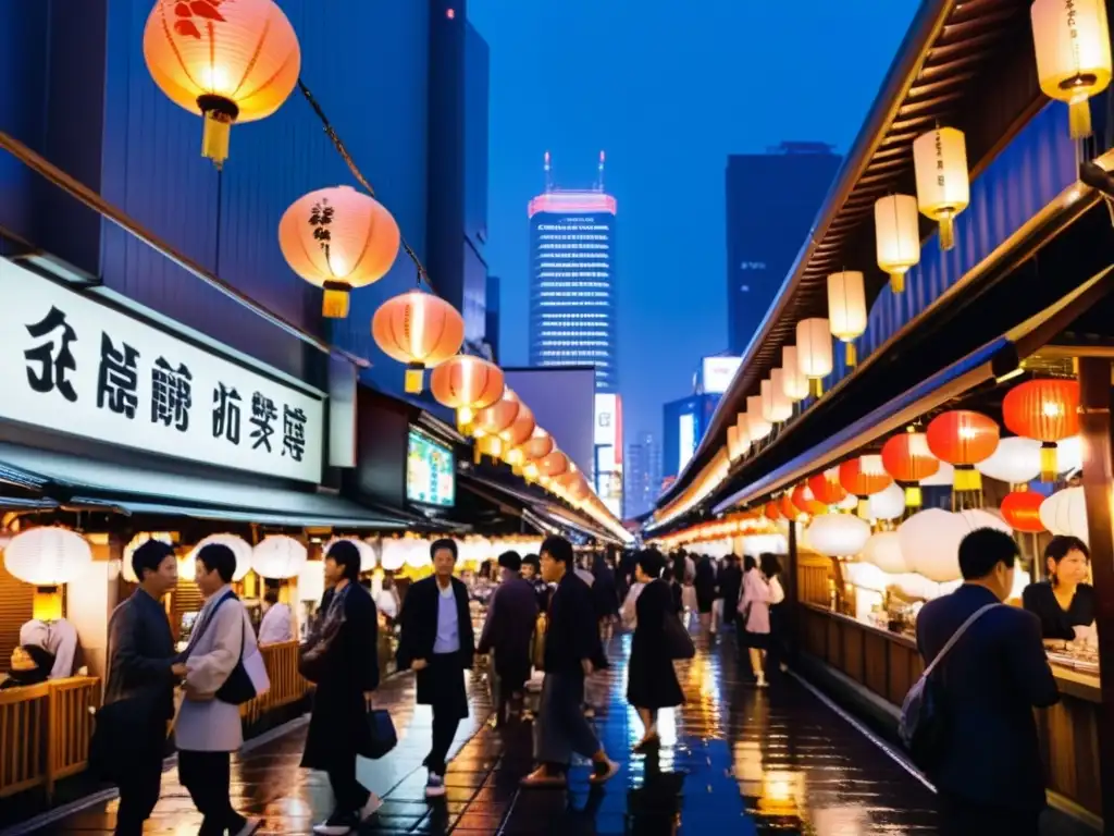 Vibrante calle nocturna en Tokio con letreros de neón, izakaya y rascacielos