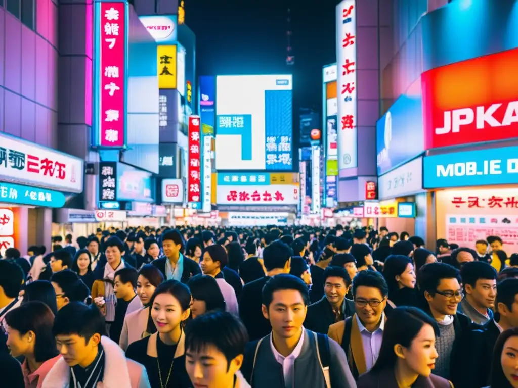 Vibrante calle nocturna de Tokio, Japón, llena de luces de neón y gente