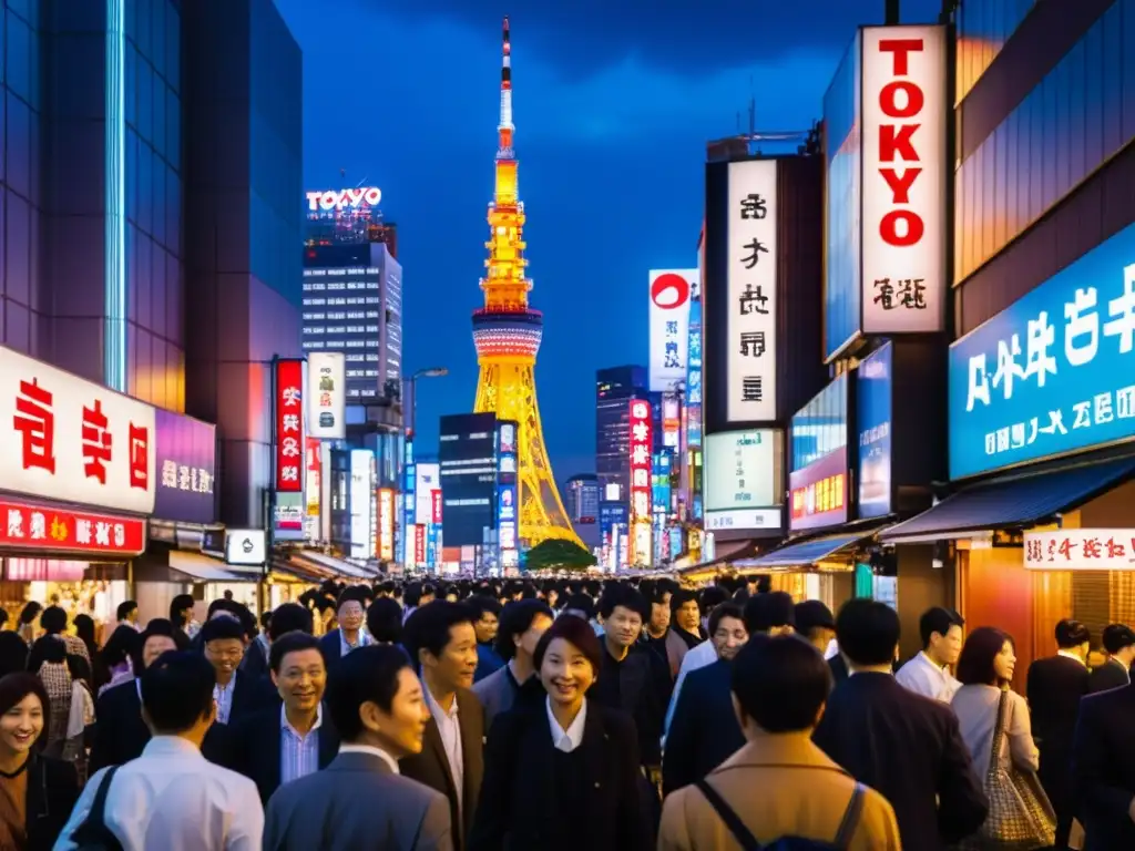 Vibrante calle nocturna de Tokio con luces de neón y rascacielos, reflejando el impacto de Murakami en narrativa