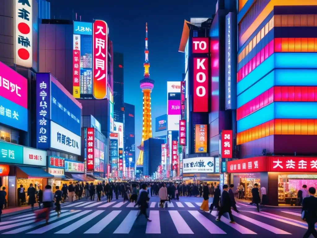 Vibrante calle nocturna de Tokio, con luces de neón y rascacielos futuristas, reflejando la estrategia de innovación cultural en Japón