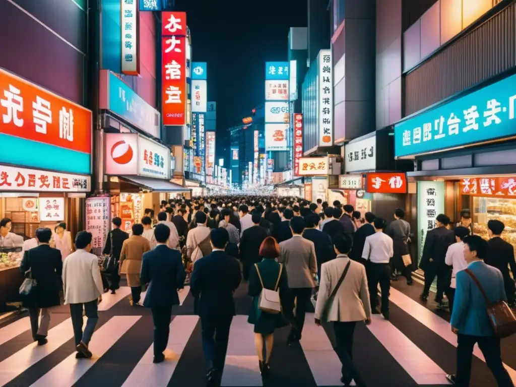 Vibrante calle nocturna de Tokio, Japón, con luces de neón y bullicio